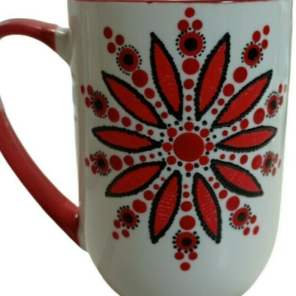 Κεραμική χειροποίητη κούπα με σχέδιο Mandala "flower", σε κόκκινο και μαύρο χρώμα - 550ml - πηλός, κούπες & φλυτζάνια - 3