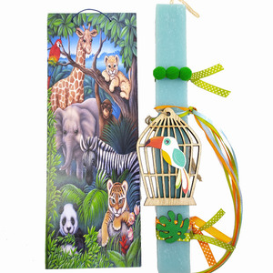 Λαμπάδα καδράκι με ζώα της ζούγκλας και ξύλινο τουκάν - πίνακες & κάδρα, λαμπάδες, πάσχα, ζωάκια