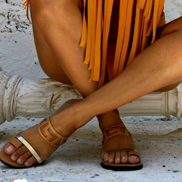 Handmade Leather Sandal : Astra - δέρμα, αρχαιοελληνικό, φλατ, slides, 100% φυσικό - 3