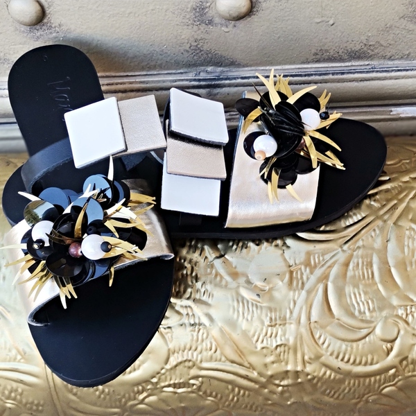 Handmade Leather Sandal : Platina - δέρμα, μαύρα, φλατ, slides
