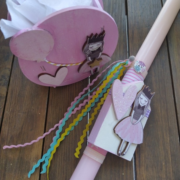 Ροζ λαμπάδα 38 εκ πριγκίπισσα και ξύλινο αυγό μολυβοθήκη - κορίτσι, λαμπάδες, σετ, πριγκίπισσες - 3