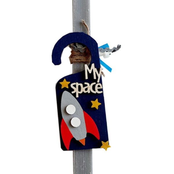 Αρωματική λαμπάδα με ξύλινο διακοσμητικό πόρτας "My Space" - αγόρι, λαμπάδες, για παιδιά, σούπερ ήρωες, πύραυλοι - 2