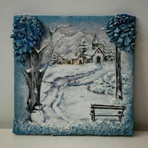 "VILLAGE IN THE WINTER" - τετράγωνος πίνακας ζωγραφικής - 15εκ - πίνακες & κάδρα, χειμώνας, κουκουνάρι, πίνακες ζωγραφικής