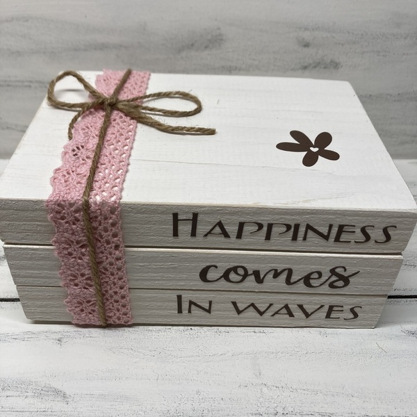 Ξυλινα Βιβλια HAPPINESS COMES IN WAVES σε εκρου χρωμα διαστ. 12,5 x9 x5 - ξύλο, σπίτι, διακοσμητικά - 4