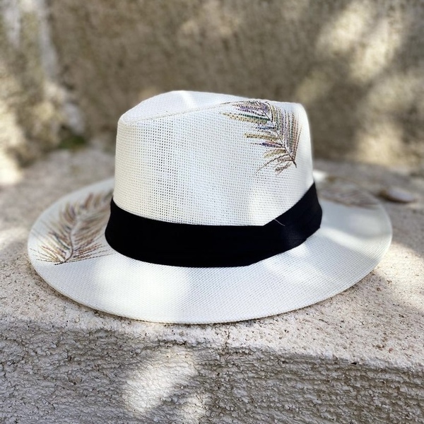Καπέλο Panama- A Feather love - ζωγραφισμένα στο χέρι, απαραίτητα καλοκαιρινά αξεσουάρ, ψάθινα - 2