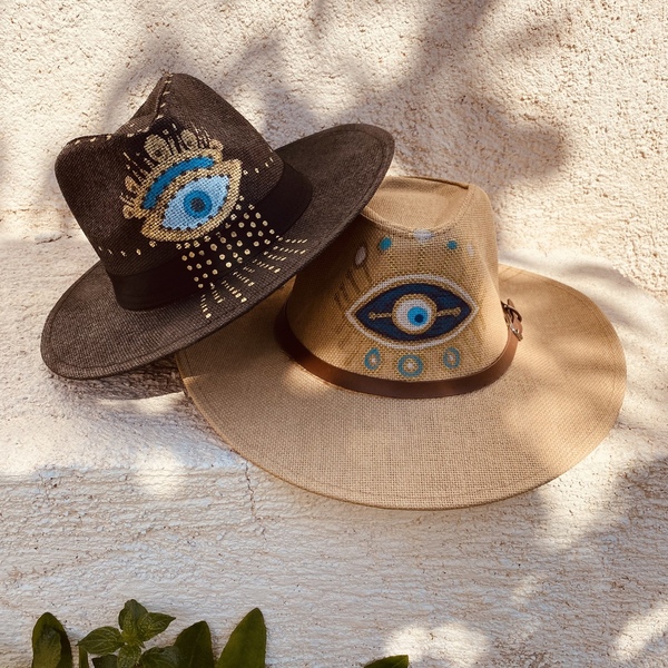 Καπέλο Panama - wavy Panama eye - ζωγραφισμένα στο χέρι, απαραίτητα καλοκαιρινά αξεσουάρ, ψάθινα - 5