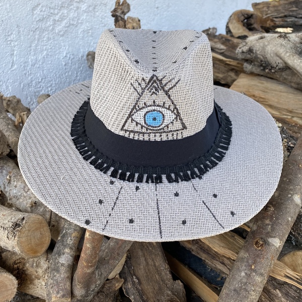 Καπέλο Panama - unisex triangle eye - ζωγραφισμένα στο χέρι, unisex, ψάθινα - 3