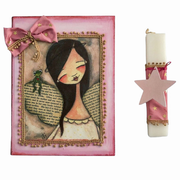 Πασχαλινή λευκή λαμπάδα με ζωγραφισμένο ξύλινο κουτί "Ροζ κορίτσι"- Ύψος λαμπάδας: 20εκ. - κορίτσι, λαμπάδες, για παιδιά, για εφήβους - 3