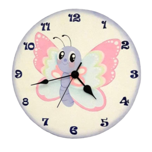Ξύλινο Ρολόι "Πεταλούδα" ζωγραφισμένο στο χέρι - 35εκ. - ξύλο, τοίχου, ρολόγια
