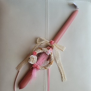 Λαμπάδα dusty pink 39 cm με στεφανάκι, λουλούδια, δαντελένια κορδέλα και φτερά - κορίτσι, λουλούδια, λαμπάδες - 5