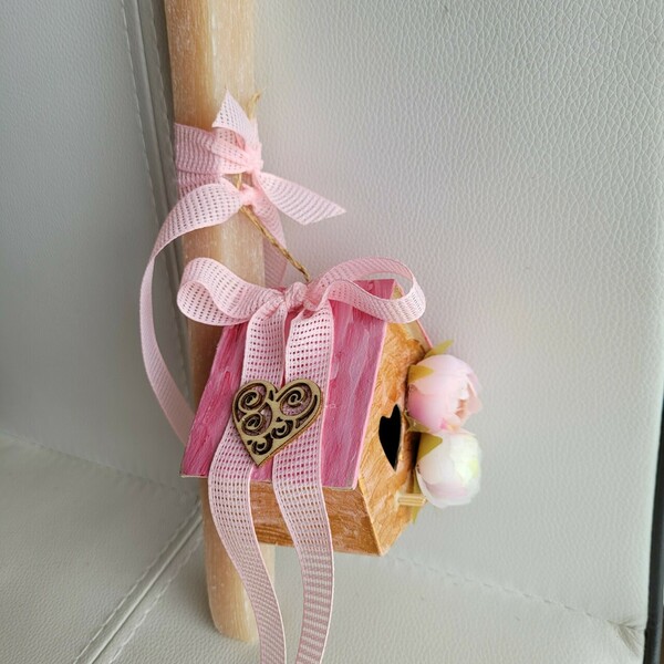Λαμπάδα κρεμ, ξυστή, αρωματική 29 cm με φωλίτσα με λουλούδια και κορδέλες! - ζωγραφισμένα στο χέρι, κορίτσι, λαμπάδες, σπιτάκι, για ενήλικες - 4