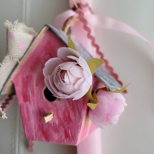 Λαμπάδα ροζ, ξυστή, αρωματική 29 cm με φωλίτσα με λουλούδια και κορδέλες! - ζωγραφισμένα στο χέρι, κορίτσι, λαμπάδες, σπιτάκι, για ενήλικες - 2