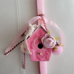 Λαμπάδα ροζ, ξυστή, αρωματική 29 cm με φωλίτσα με λουλούδια και κορδέλες! - ζωγραφισμένα στο χέρι, κορίτσι, λαμπάδες, σπιτάκι, για ενήλικες - 4