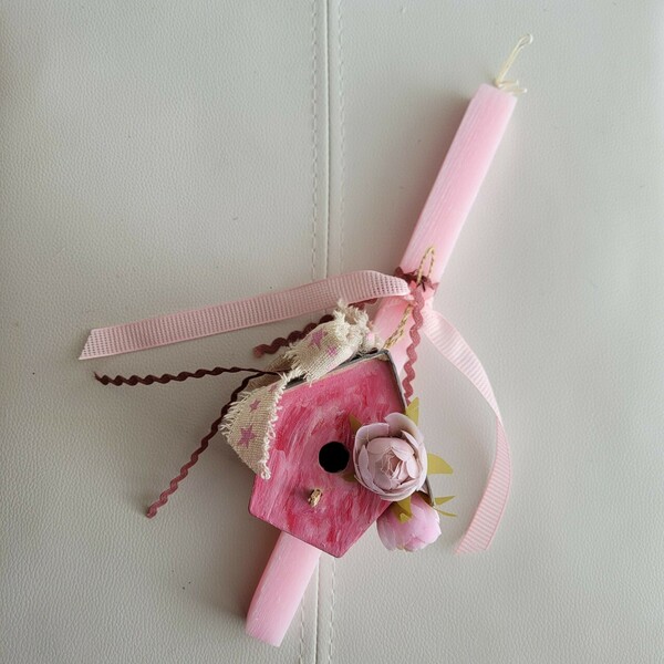 Λαμπάδα ροζ, ξυστή, αρωματική 29 cm με φωλίτσα με λουλούδια και κορδέλες! - ζωγραφισμένα στο χέρι, κορίτσι, λαμπάδες, σπιτάκι, για ενήλικες - 5