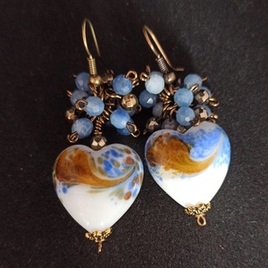 Σκουλαρίκια καρδιές με μπλε Αχάτη - ημιπολύτιμες πέτρες, μπρούντζος, κρεμαστά, μεγάλα - 3