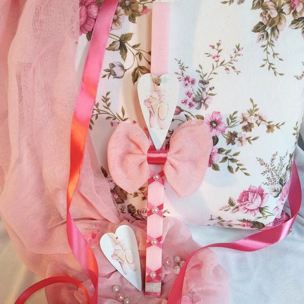 Λαμπάδα για κορίτσι ροζ με ξύλινη καρδιά πουέντ 39cm - λαμπάδες, μπαλαρίνες, για παιδιά, για εφήβους, για μωρά - 3