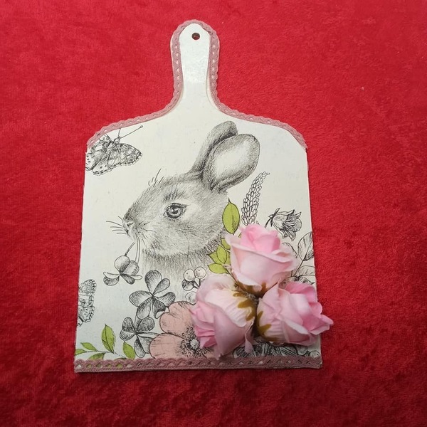 Ξύλο κοπής 20 x 12 πασχαλινό με λαγό και ροζ λουλούδια - λουλούδια, διακοσμητικά, για ενήλικες, ζωάκια - 2