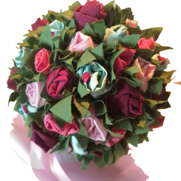 Χειροποίητη μπάλα darkrose με υφασμάτινα λουλούδια 16cm - ύφασμα, λουλούδια, χειροποίητα
