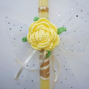 Κίτρινη αρωματική λαμπάδα με πλεκτό κίτρινο τριαντάφυλλο - κορίτσι, λουλούδια, λαμπάδες, για ενήλικες - 2