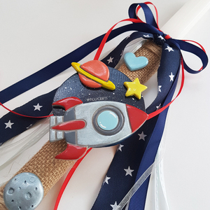 Λαμπάδα με χειροποίητα πήλινα στολίδια "Διάστημα" (37cm) - αγόρι, λαμπάδες, διάστημα, για παιδιά, πύραυλοι - 2
