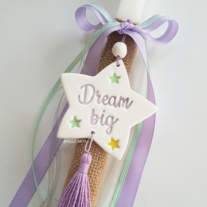 Λαμπάδα με χειροποίητο πήλινο στολίδι "Dream Big" (37cm) - 02 - κορίτσι, λαμπάδες, πηλός - 2
