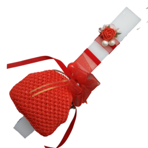 Λευκή αρωματική λαμπάδα με κόκκινο πλεκτό πορτοφόλι - κορίτσι, λαμπάδες, για ενήλικες