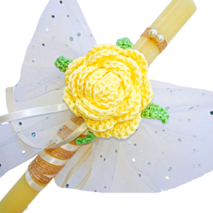 Κίτρινη αρωματική λαμπάδα με πλεκτό κίτρινο τριαντάφυλλο - κορίτσι, λουλούδια, λαμπάδες, για ενήλικες