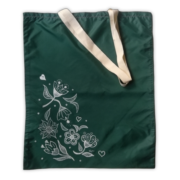 Ζωγραφισμένη χειροποιητη (μοναδική) τσάντα άνορακ πρασινη 35Χ41, shopper, tote bag, special price - ύφασμα, ζωγραφισμένα στο χέρι, πάνινες τσάντες