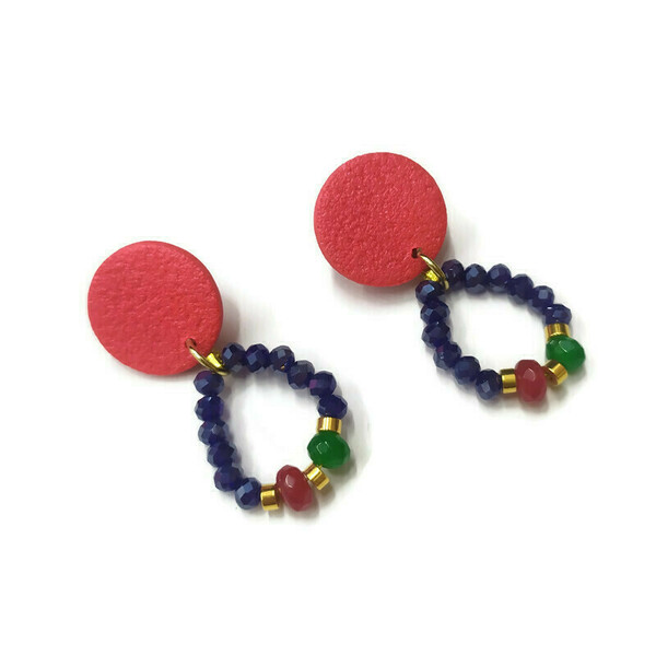 Σκουλαρίκια με κόκκινο πηλό, μπλε κρύσταλλα και νεφρίτη - ημιπολύτιμες πέτρες, πηλός, boho, κρεμαστά, καρφάκι - 3