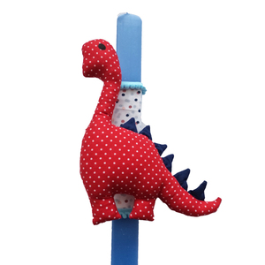 Γαλάζια λαμπάδα με διακοσμητικό υφασμάτινο κόκκινο δεινόσαυρο - αγόρι, λαμπάδες, δεινόσαυρος, για παιδιά, για μωρά