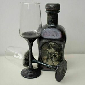 Vintage Μπουκάλι με 2 σετ ποτήρια - γκρι σκούρο & μαύρο - vintage, γυαλί, σπίτι, διακοσμητικά μπουκάλια