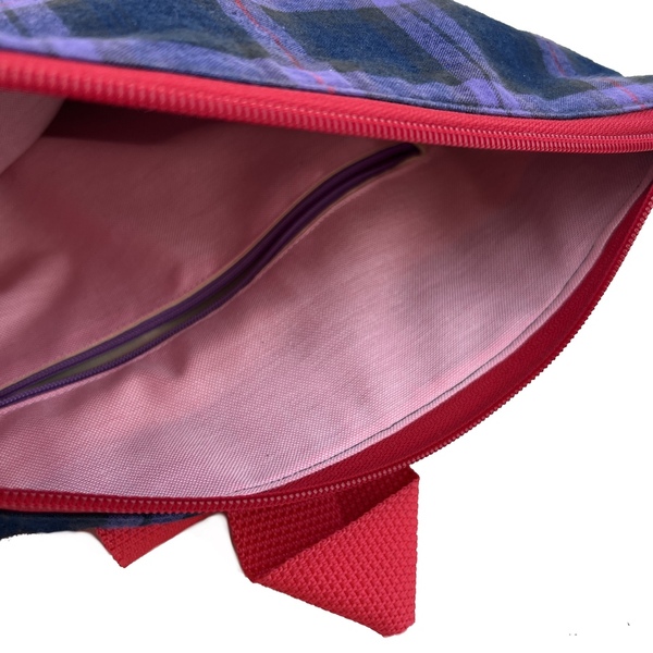 Σακίδιο πλάτης / backpack από ύφασμα με μοτίβο μωβ carreau - ύφασμα, πλάτης, all day, φθηνές - 3
