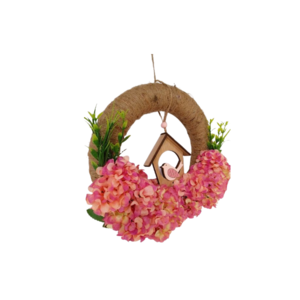 Χειροποίητο ρομαντικό στεφάνι διακοσμημένο με ροζ λουλούδια και ξύλινο διακοσμητικό. - στεφάνια, DIY - 2