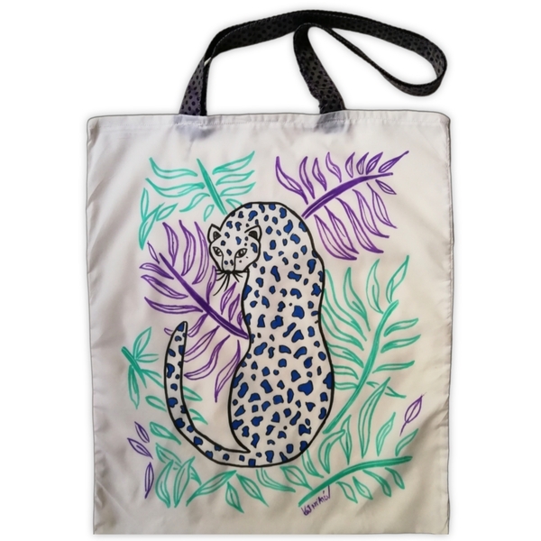 Ζωγραφισμένη χειροποιητη (μοναδική) τσάντα άνορακ ζούγκλα 34Χ41, αδιαβροχη, shopper, tote bag, special price - ύφασμα, ζωγραφισμένα στο χέρι, πάνινες τσάντες