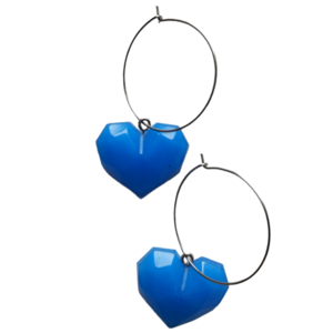 Κρίκοι με μπλε καρδιές από υγρό γυαλί - γυαλί, καρδιά, ατσάλι, μεγάλα