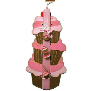 Πασχαλινή λαμπάδα cupcakes με ξύλινη πλάτη - κορίτσι, λαμπάδες, για παιδιά, για εφήβους