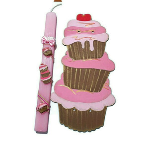 Πασχαλινή λαμπάδα cupcakes με ξύλινη πλάτη - κορίτσι, λαμπάδες, για παιδιά, για εφήβους - 2