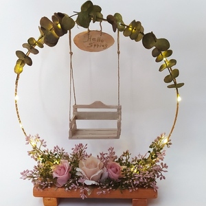Ανοιξιάτικο επιτραπέζιο διακοσμητικό με κούνια, ροζ άνθη και led - ξύλο, μέταλλο, διακοσμητικά - 2