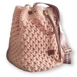 Ροζ σομόν μεγάλη τσάντα - νήμα, πουγκί, μεγάλες, all day, πλεκτές τσάντες - 2