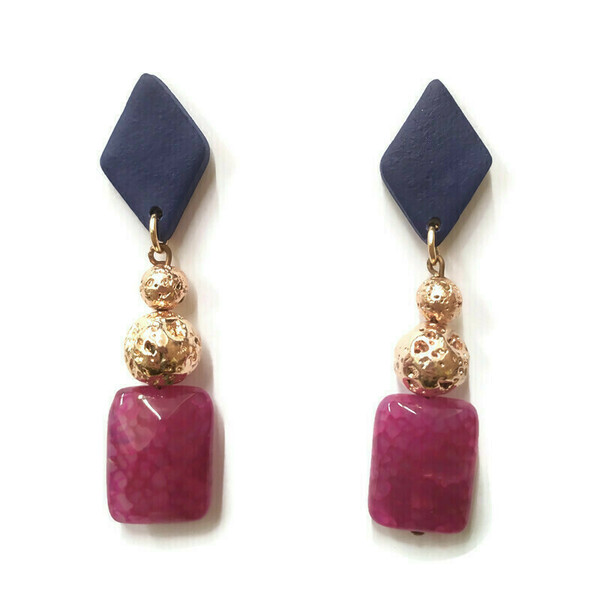 Σκουλαρίκια με μπλε ρόμβους από πηλό, ροζ χρυσή λάβα και φούξια αχάτη - ημιπολύτιμες πέτρες, πηλός, boho, κρεμαστά, καρφάκι