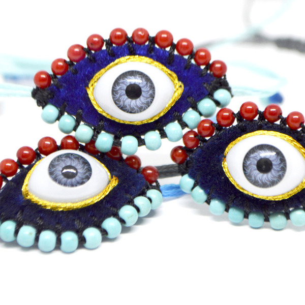 Βραχιόλι κεντητό evil eye με κοράλλι και τιρκουαζ χαολίτη - ημιπολύτιμες πέτρες, μακραμέ, μάτι, boho, αυξομειούμενα - 2