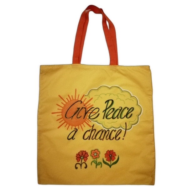 GIVE PEACE A CHANCE 41x41 ζωγραφισμένη χειροποίητη (μοναδική) μεγάλη τσάντα αδιαβροχη κίτρινη, shopper, tote bag, special price, HANDMADE - ύφασμα, πάνινες τσάντες