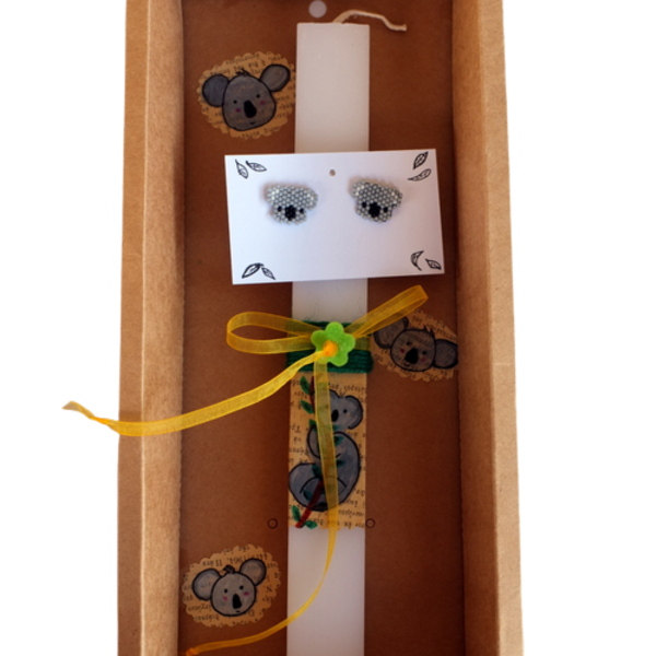 Αρωματική Λαμπάδα 32cm, σκουλαρίκια Κοάλα, με χάντρες miyuki - ζωγραφισμένα στο χέρι, κορίτσι, λαμπάδες, miyuki delica, ζωάκια - 3