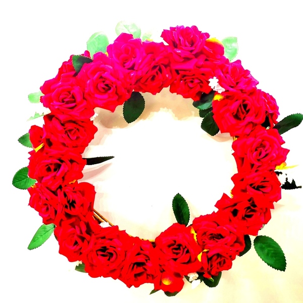 Στεφάνι λυγαριάς 25εκΧ 25εκ με υφασμάτινα κόκκινα τριαντάφυλλα - στεφάνια - 2