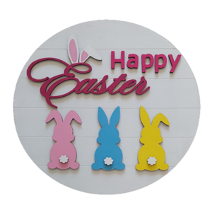 Λευκή ξύλινη πινακίδα Happy Easter with bunnies 28εκ. - χειροποίητα, διακοσμητικά, πασχαλινή διακόσμηση, διακοσμητικό πασχαλινό