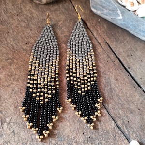 Μακρυά boho chic σκουλαρίκια με χάντρες γκρι- μαύρο - χρυσό (Fringe earrings) - επιχρυσωμένα, ατσάλι, boho, κρεμαστά, μεγάλα - 3