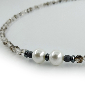 Kολιέ με smoky quartz, shell pearls & ασήμι 925 - ημιπολύτιμες πέτρες, ασήμι 925, κοντά, πέρλες - 3