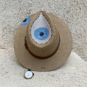 Ψάθινο καπέλο Panama eyes - ζωγραφισμένα στο χέρι, απαραίτητα καλοκαιρινά αξεσουάρ, ψάθινα - 2