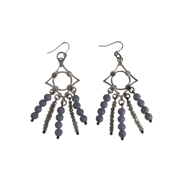 "Άρτεμις" - Κρεμαστά σκουλαρίκια με αχάτη γαλάζια δαντέλλα και κρύσταλλα - ημιπολύτιμες πέτρες, αχάτης, κρύσταλλα, κρεμαστά, γάντζος