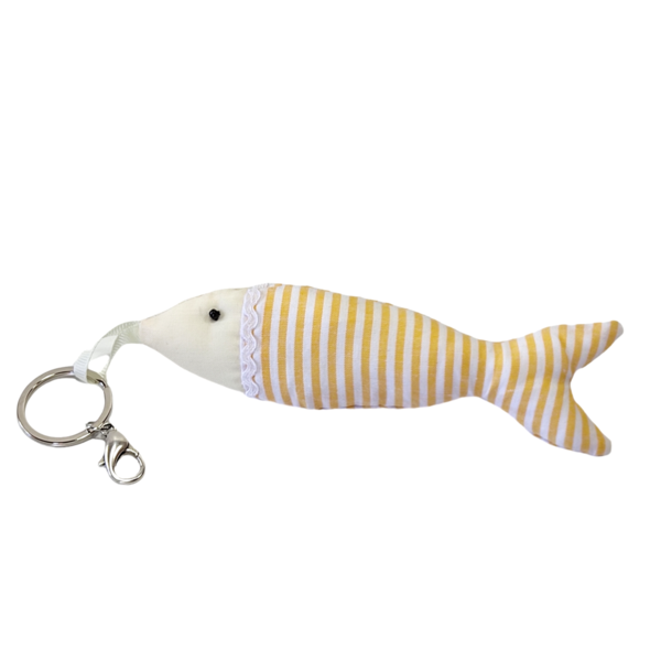 Μπρελόκ υφασμάτινο ψάρι κίτρινο ριγέ - ύφασμα, ψάρι, δώρο, χειροποίητα, σπιτιού